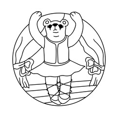 Bear ballerina dancing. Vector illustration of children's coloring book. Cartoon hand-drawn isolated black and white outline animal. Design for a magazine, nursery, game, kindergarten.
