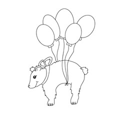 The bear flies on balloons. Hand drawn isolated black white contour vector illustration for kids coloring book. Design for a child for a game, banner, poster.