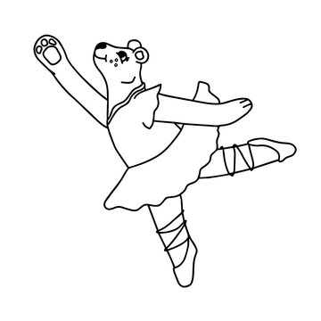 Vector illustration for coloring book ballerina bear. Hand-drawn isolated contour design of teddy bear for nursery, kindergarten, child game.