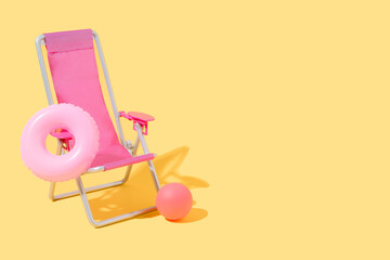 a pink beach chair with a pink float and a ball on yellow background. concept of summer and travel. 3D illustration. copy space