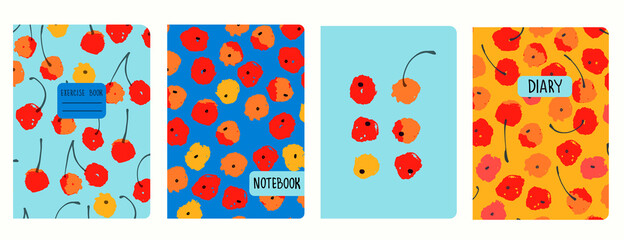 Set of cover page templates with painted cherries. Based on seamless patterns. Headers isolated and replaceable. Perfect for school notebooks, notepads, diaries, etc