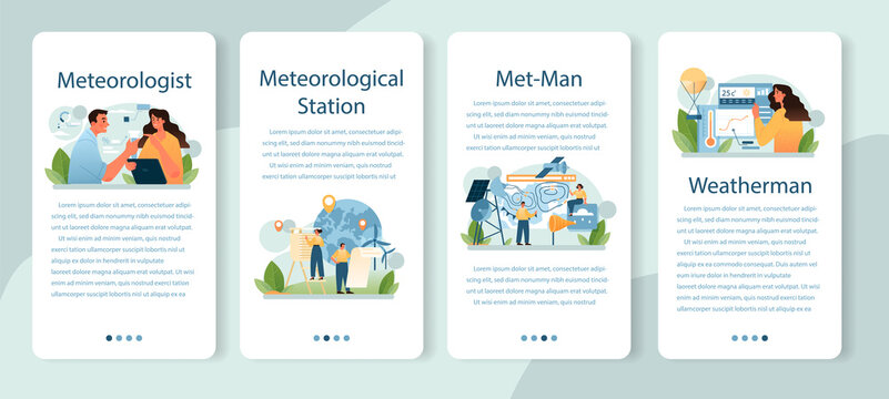 Meteorologist mobile application banner set. Weather forecaster studying