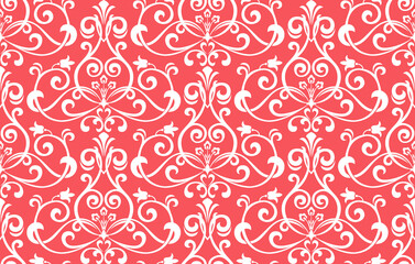 Wallpaper in the style of Baroque. Seamless vector background. White and pink floral ornament. Graphic pattern for fabric, wallpaper, packaging. Ornate Damask flower ornament
