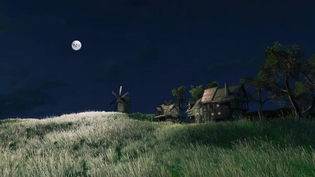 Fairytale rural landscape with traditional european half-timbered houses and old wooden windmill on a countryside grass field under night sky with full moon. With no people 3D animation rendered in 4K