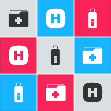 Set Patient Record, Hospital Signboard And Digital Thermometer Icon. Vector