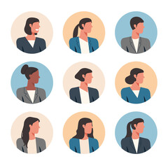 Group of faceless people portraits of businesswoman, female faces avatars isolated at round icons set, vector flat illustration