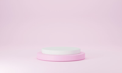 Modern pink and white round podium with pink pastel empty room background. Scene stage mockup showcase for product, sale, banner, discount, presentation, cosmetic