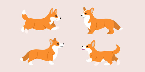 Corgi dog icon set. Different poses of corgi dog. Vector illustration for prints, clothing, packaging, stickers.