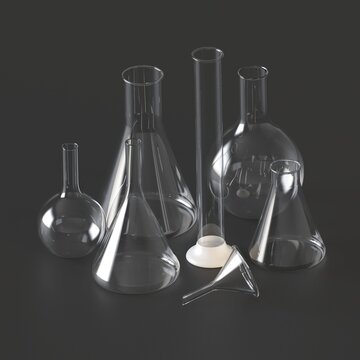 Glass products. Realistic glass chemical containers, measuring medical equipment. Dark Background. 3d illustration
