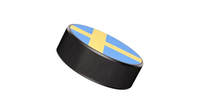 Realistic looping 3D animation of the national flag of Sweden label ice hockey puck rendered in UHD with alpha matte