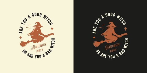Halloween flying witch on broom for t-shirt halloween print. Magic and witchcraft spooky sorceress for happy halloween. Wicked for design dark halloween party or sabbat - obrazy, fototapety, plakaty