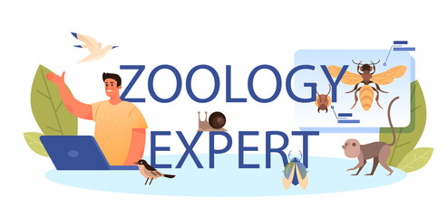 Zoology expert typographic header. Scientist exploring and studying fauna