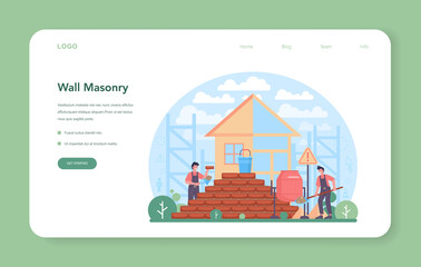 Bricklayer web banner or landing page. Professional builder constructing