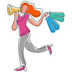 Vector illustration of a happy woman holding shopping bags and megaphone. This illustration can be used to describe shopping sale, big sale, discounts, happy shopping, great deals, etc.