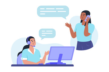 Customer support department staff helping a client via hotline call to solve a problem