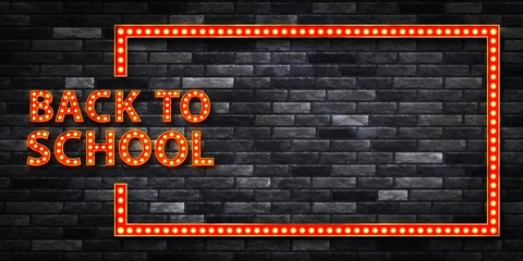 Vector realistic isolated retro marquee billboard with electric light lamps of Back To School frame logo for invitation on the wall background. © comicsans