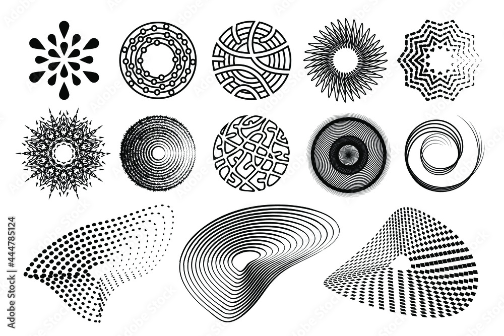 Poster vector circle design elements and shapes. halftone flowing liquid dot pattern overlay. set of circul