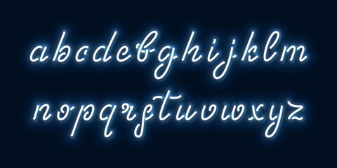 Vector realistic isolated Neon Cursive Font for template decoration and invitation covering on the blue background.