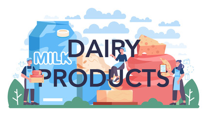 Dairy products typographic header. Dairy natural product for breakfast