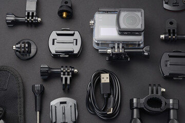 Action camera in waterproof housing and accessories