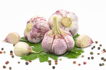 Garlic and spices isolated on a white background.