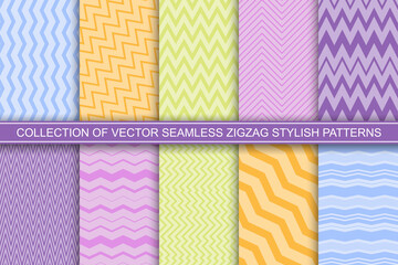 Collection of color striped seamless patterns - delicate design. Textile zigzag textures - unusual endless prints. Bright vector backgrounds