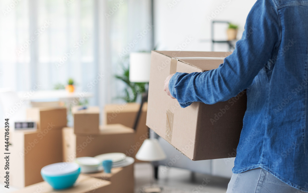 Wall mural Woman carrying boxes in her new home