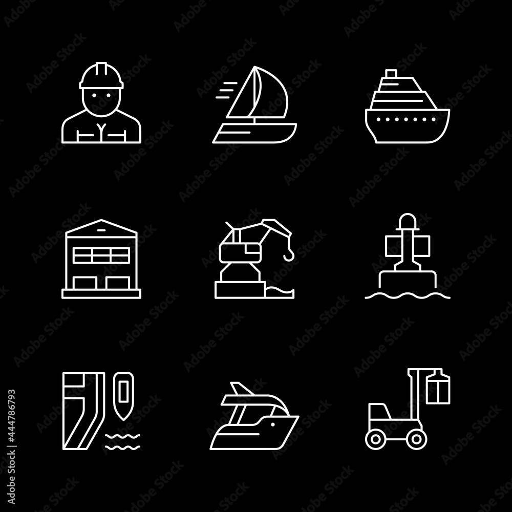 Sticker Set line icons of marine port