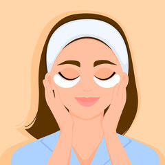 Cute smiling girl with cosmetic patches under the eyes. Moisturizing the skin around the eyes. Home daily facial skin care. Vector illustration.