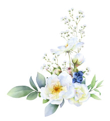 Floral arrangement of the wild white roses, buds, blueberries, herbs and green leaves hand painted in watercolor isolated on a white background. Watercolor floral illustration. Bouquet