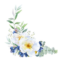 Floral composition of wild white roses, blueberries, eucalyptus branches, herbs, green leaves hand painted in watercolor isolated on a white background. Watercolor floral illustration. Floral corner