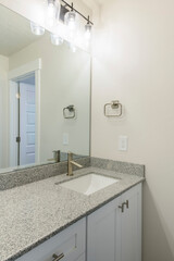 Fototapeta na wymiar Vanity sink of a bathroom with granite countertop and wall mounted lights