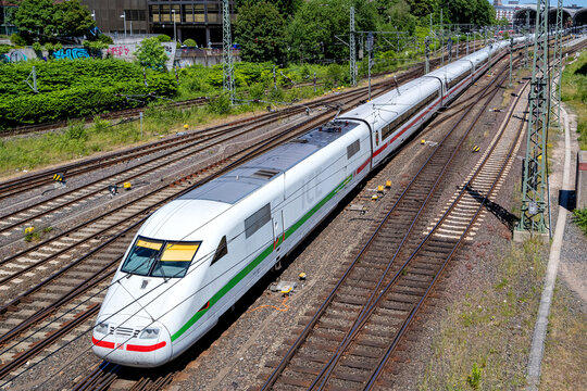 KIEL, GERMANY - JUNE 16, 2021: ICE 1 high-speed train at Kiel main station