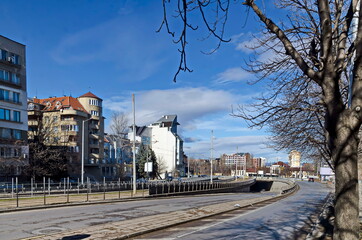 Obraz premium Fragment of urban infrastructure with tram route, subway and street, Sofia, Bulgaria 