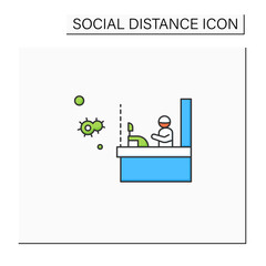 Shopping safety color icon. Shop cashier desk with covid19 prevention glass or plastic barrier. Concept of health safety during corona virus pandemic. Isolated vector illustration