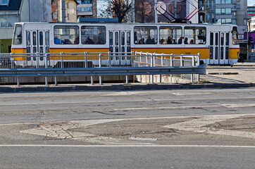Fragment of urban infrastructure with tram route, subway and street, Sofia, Bulgaria  