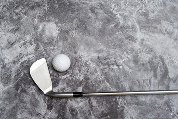 White golf ball and stick on grey background. Horizontal sport poster, greeting cards, headers, website