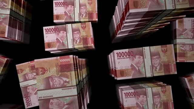 Indonesian Rupiah money pack loop. Flight over IDR banknotes stacks top view. 3d loopable seamless animation. Abstract background concept of economy, crisis, business and finance in Indonesia.