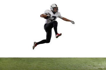Fototapeta na wymiar American football player in action isolated on white studio background. Concept of professional sport, championship, competition.
