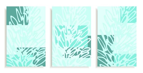 A set of posters in pastel gentle light blue colors. Abstract vector background. For cover design, advertising flyer, postcard, booklet. Stories template, social networks.