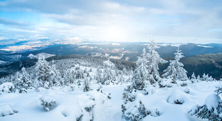Fototapeta na wymiar Landscape of snowy mountain range under winter sun