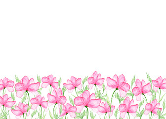 Obraz na płótnie Canvas Pink delicate flowers on a white background. Horizontal banner with place for an inscription. Watercolor illustration. Botanical floral background. For the design of cards, wedding invitations.