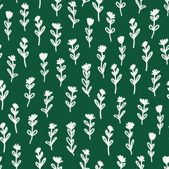Doodled flowers with leaves seamless repeat pattern. Irregular vector botanical elements all over surface print on green background.
