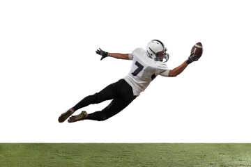 American football player in action isolated on white studio background. Concept of professional sport, championship, competition. © master1305