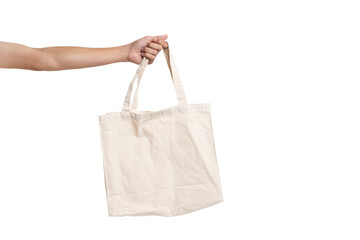 Hand man holding bag canvas fabric blank for mockup isolated on white background. with clipping path