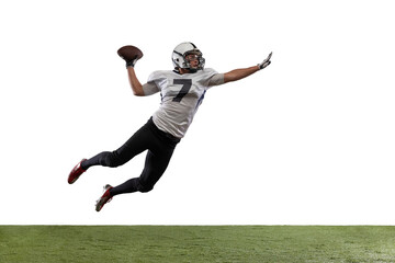 Fototapeta na wymiar Portrait of American football player catching ball in jump isolated on white studio background.