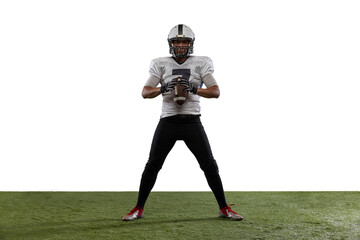 Portrait of American football player preparing for game, match isolated on white studio background.