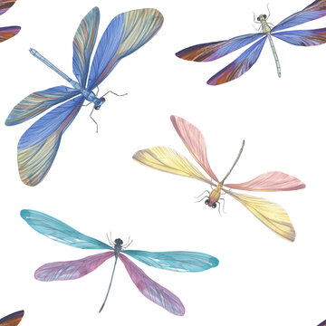 Watercolor dragonflies pattern. Seamless pattern of colorful insects with wings for design, scrapbooking, cards, wallpaper, print, print, wrapping paper. Bright dragonflies on a white background