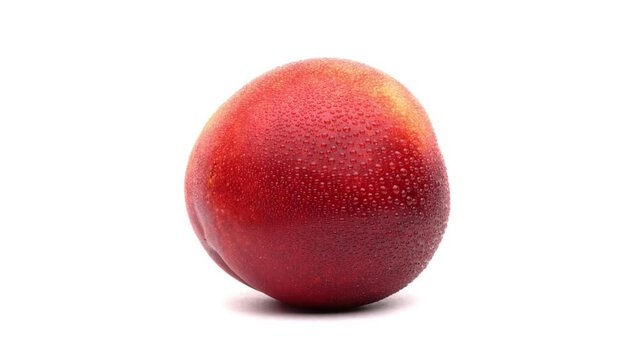 Closeup of one whole nectarine with water drops is rotating. Isolated on white background.