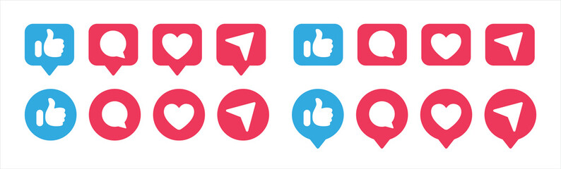 Like social network icons. Like, thumb up and heart collection. Buton for social media. Follower notification symbol. Vector illustration.